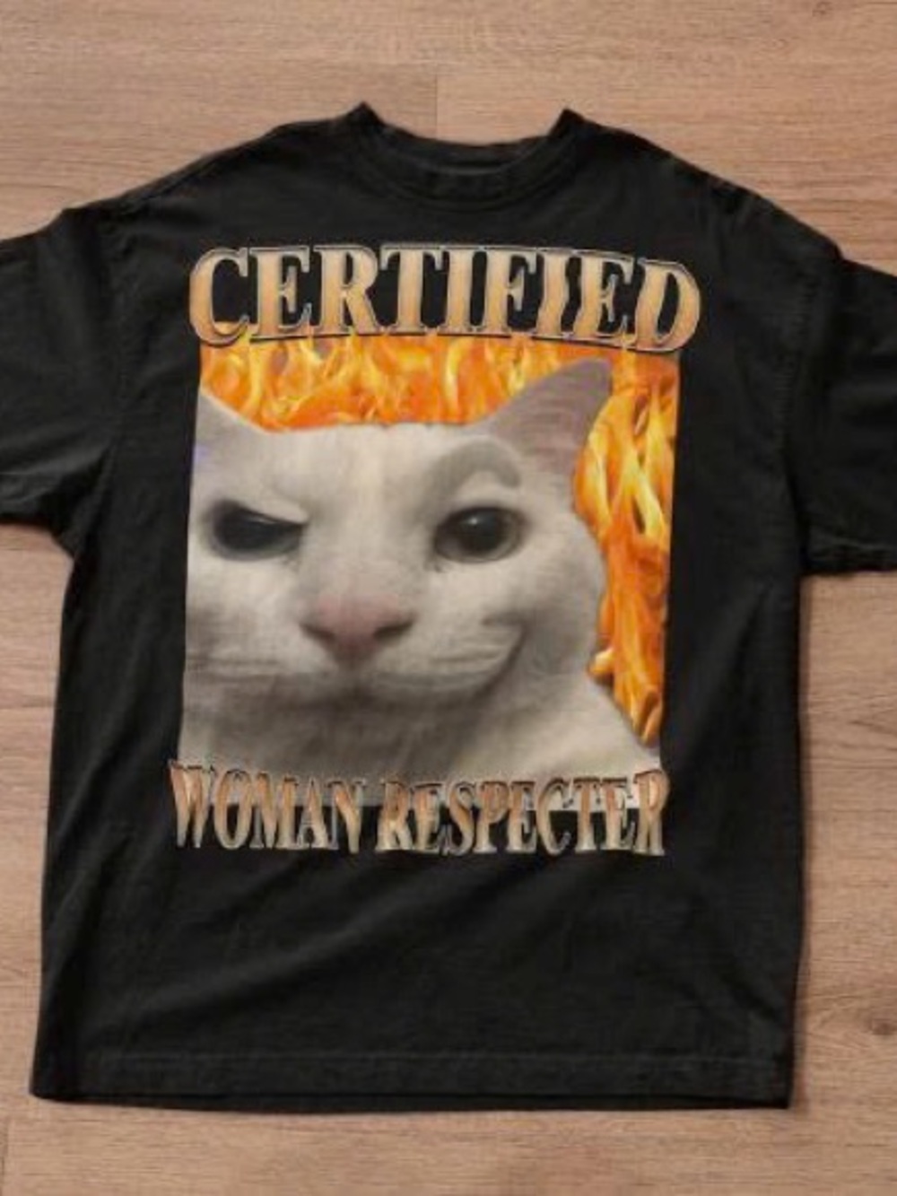Gildan Black Tee with White Cat and Orange Flame Graphic